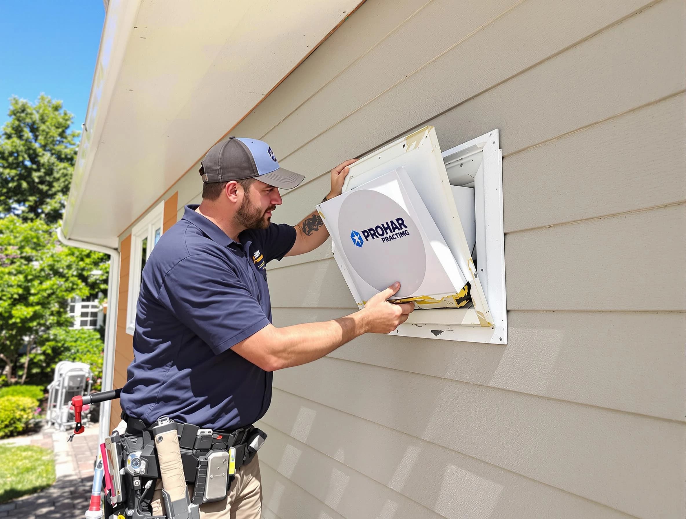 Westford Dryer Vent Cleaning technician installing a new protective dryer vent cover on a home in Westford