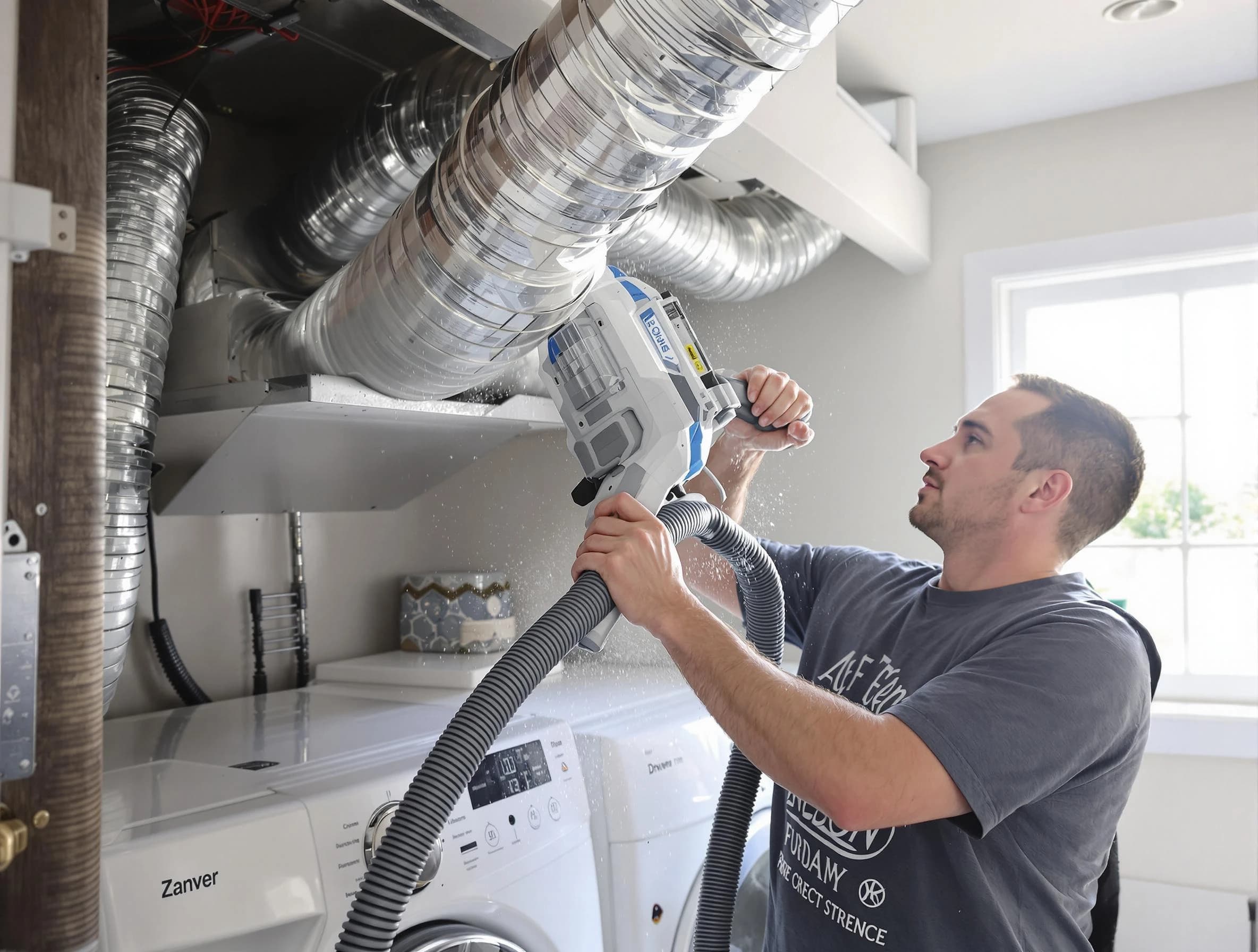 Westford Dryer Vent Cleaning specialist cleaning deep within a dryer vent duct system in Westford