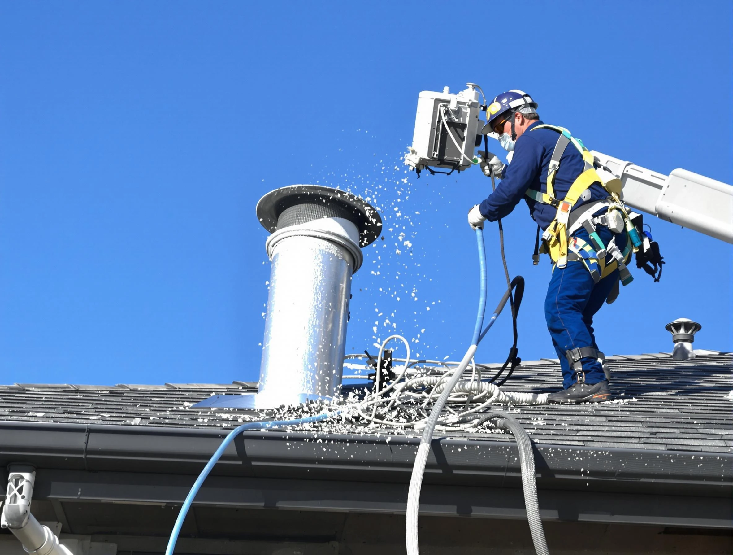 Westford Dryer Vent Cleaning certified technician safely cleaning a roof-mounted dryer vent in Westford