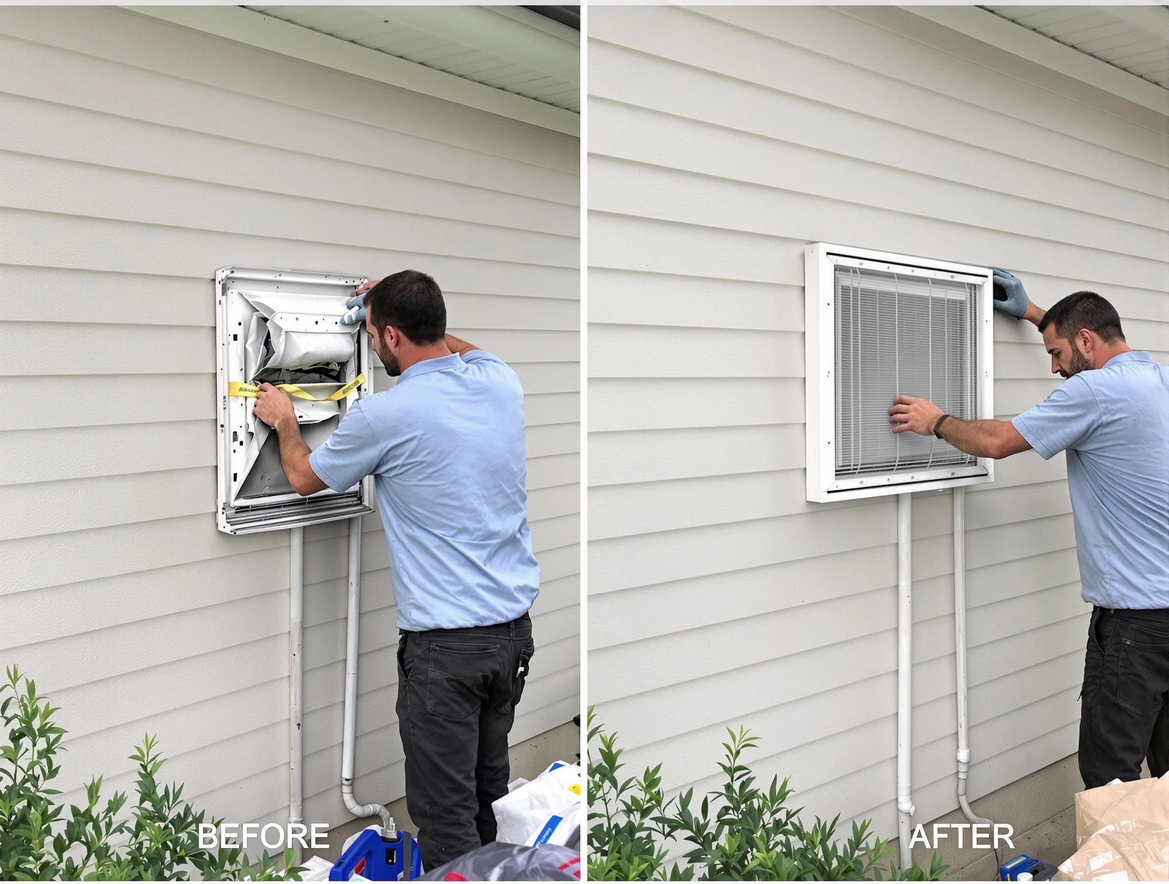 Westford Dryer Vent Cleaning technician installing high-quality dryer vent cover at a residential property in Westford